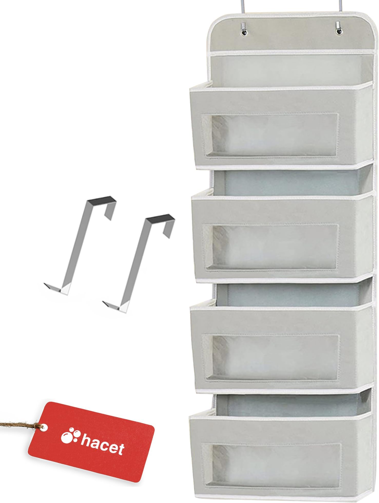 HACET Over Door Hanging Organizer w/ 4 Large Pockets, Wall Mount Storage w/Clear Windows & 2 Adjustable Metal Hooks, Non-Woven Fabric Wall Closet Organizer for Dorm, Bedroom Nursery Pantry (Gray)