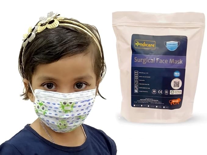 INDICARE | Kids Surgical Mask| Disposable Kids Mask | Kids Mask | 3 Ply Printed Surgical Kids Mask (3-8 years) | SITRA, ISO 9001:2015, ISO 13485:2016, CE Certified | BFE 99 Surgical Mask with Nose Clip (Individual Pack)