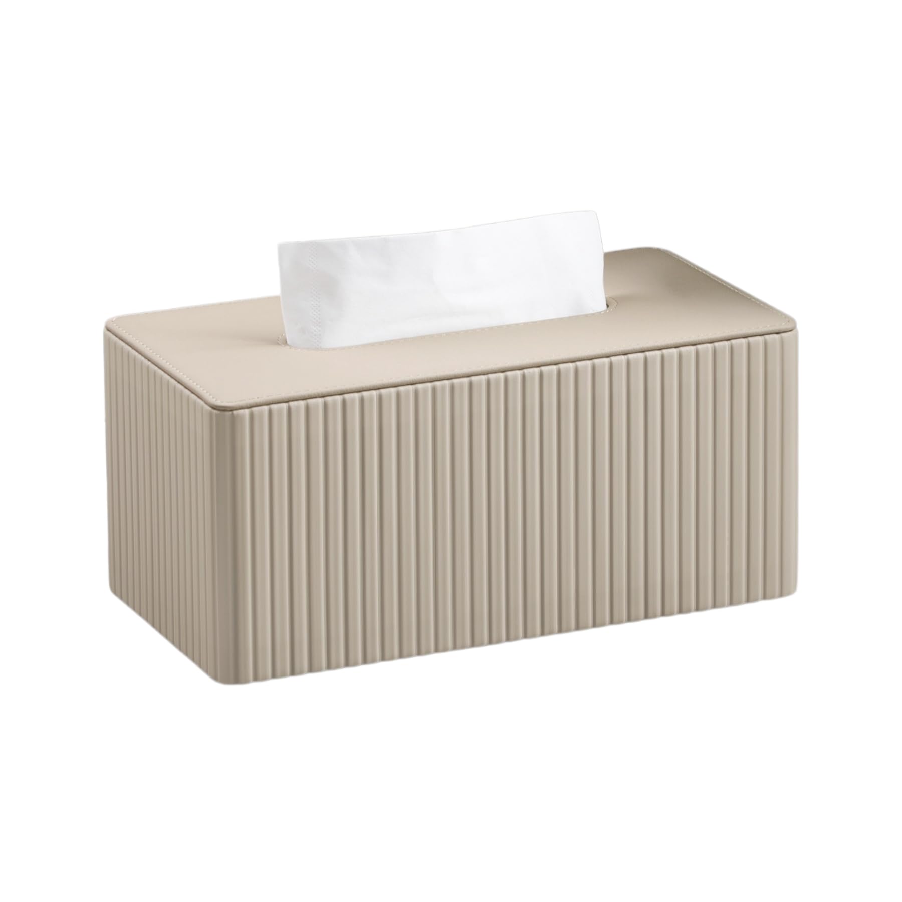 Ribbed Marble-Top Tissue Box Cover, PU Leather, Double-Stitched, 7 Styles, for Standard Rectangular Tissues-Milk Brown