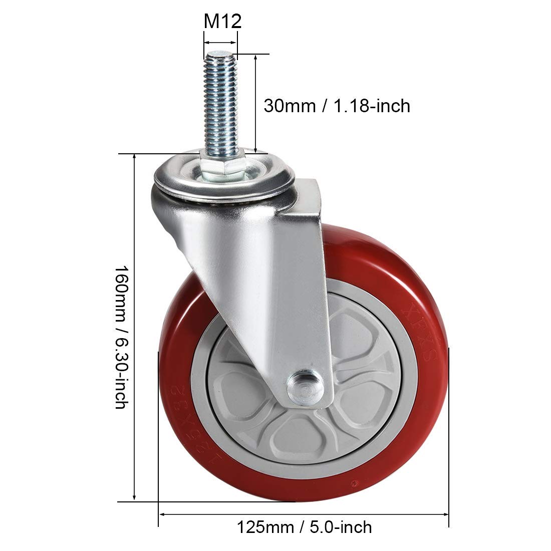 Lenkrollen PU Lenkrad Lenkrad 5 Zoll Durchmesser M12 x 30 mm Gewindestab Kapazität 308 lb, 2 Stück