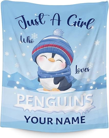 Custom Penguin Blankets with Name - Soft Warm Blanket Throw for Kids, Adults - 30"x40" Small Blankets for Couch, Work - Blue Cute Blanket Gifts