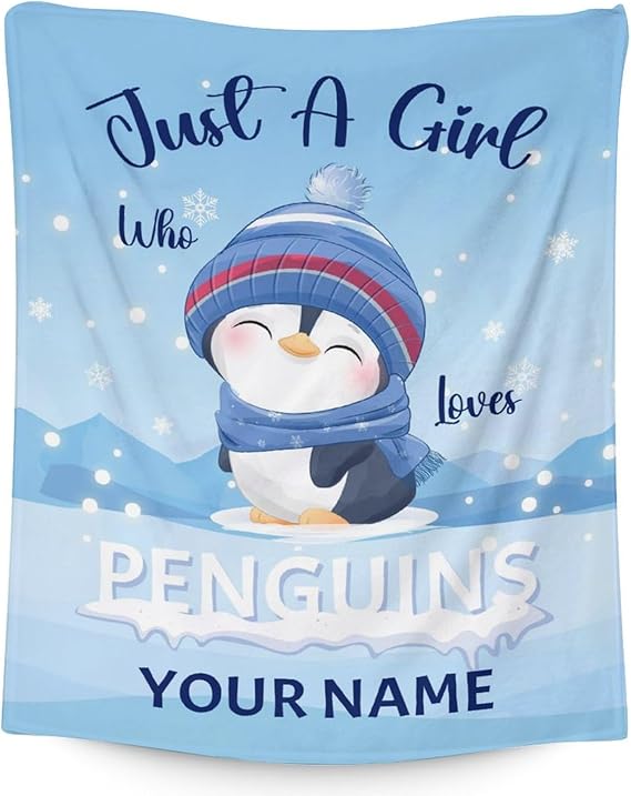 Custom Penguin Blankets with Name - Soft Warm Blanket Throw for Kids, Adults - 30"x40" Small Blankets for Couch, Work - Blue Cute Blanket Gifts