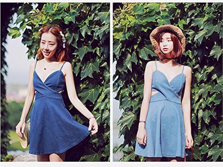 Amazon 双子コーデ ワンピース デニム吊りスカート セクシ Vネック 春ワンピース デニム 双子コーデ ワンピース チュニック 通販