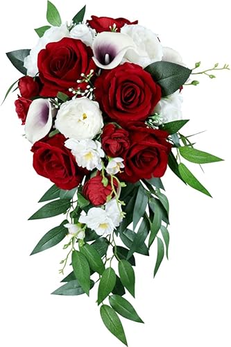 Miniatura 2 de Surakey Ramo de rosas nupciales  Cascada de boda con flores  Calla artificial de lirio de rosa vino rojo flor de mano  Propuesta de fotografía