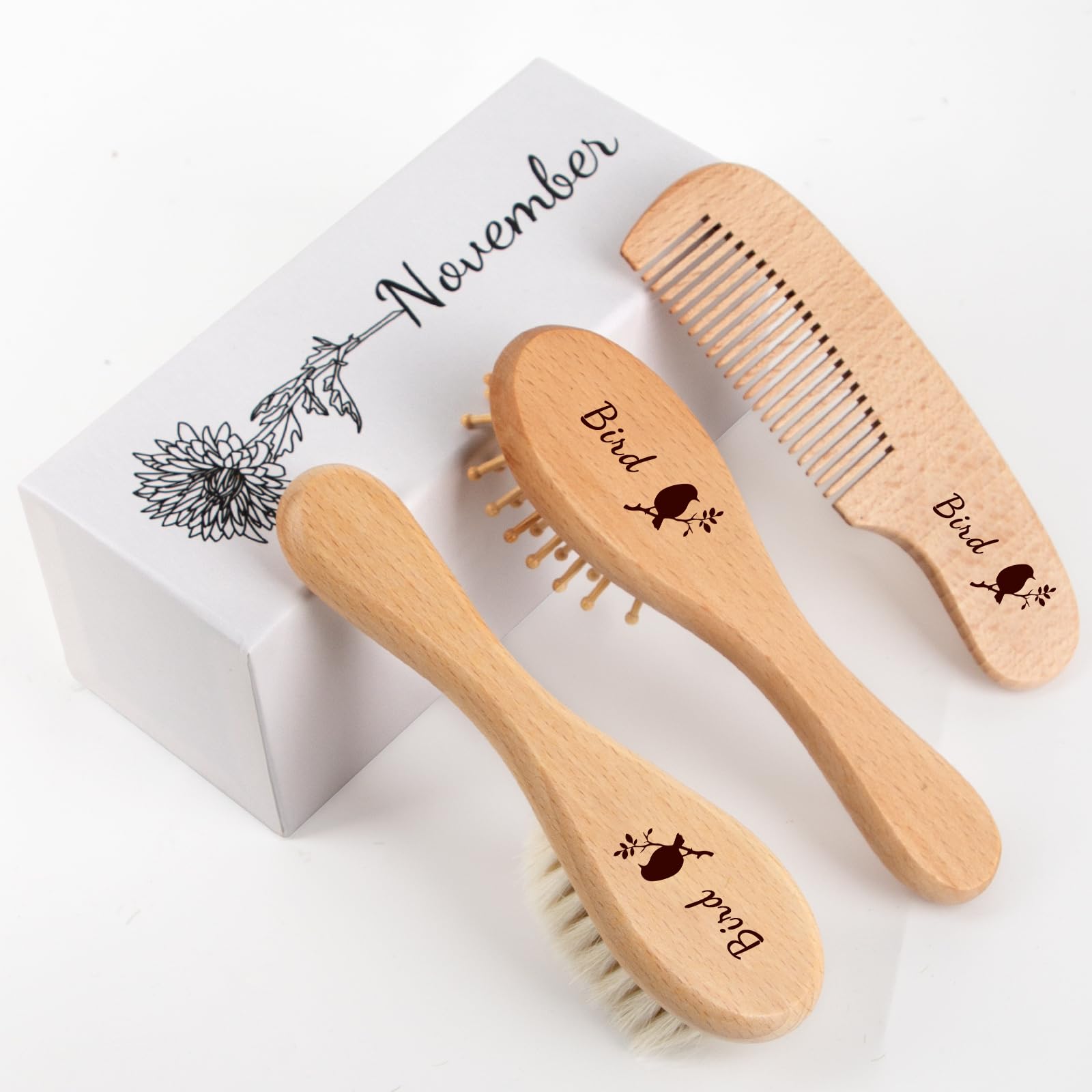 Personalized Baby Hair Brush & Comb Set with Soft Goat Bristles,Custom Laser Engraved Name,Newborn Grooming Kit with Birth Flower Gift Box (November)
