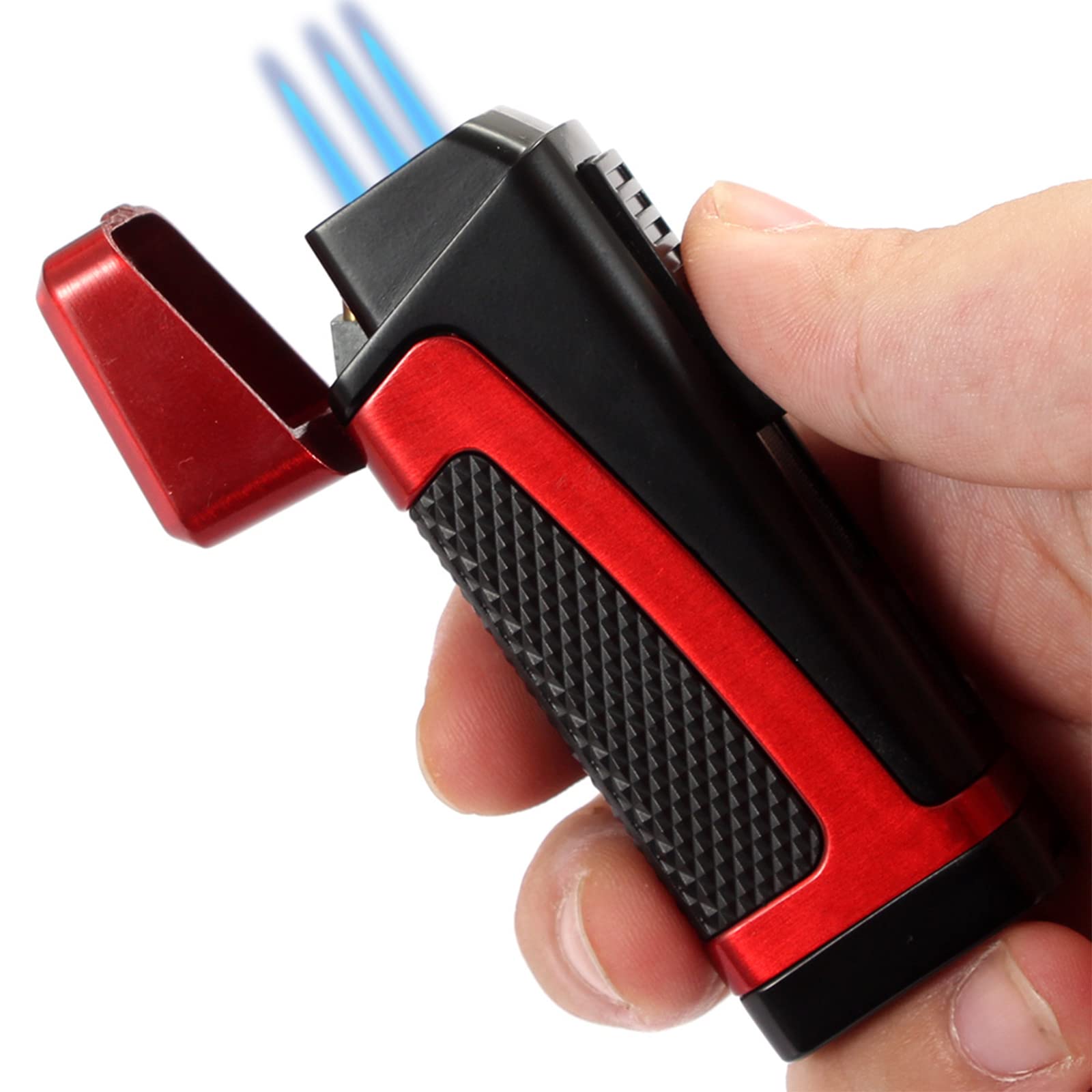 Encendedores de Cigarros a Prueba de Viento Antorcha Ajustable de Metal Encendedor de Butano 3 Llama Azul Azabache Encendedor de Gas Recargable con Punzón (sin Gas),Red