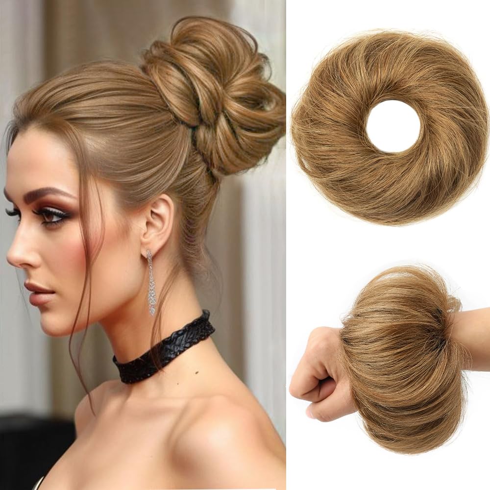 PORSMEER 30g Human Hair Messy Bun Hair Piece 100% Real Hair Chignons Scrunchies Natural Wavy Fluffy Buns for Women Donut Updo Hair Pieces Bun Extension Brown-6#