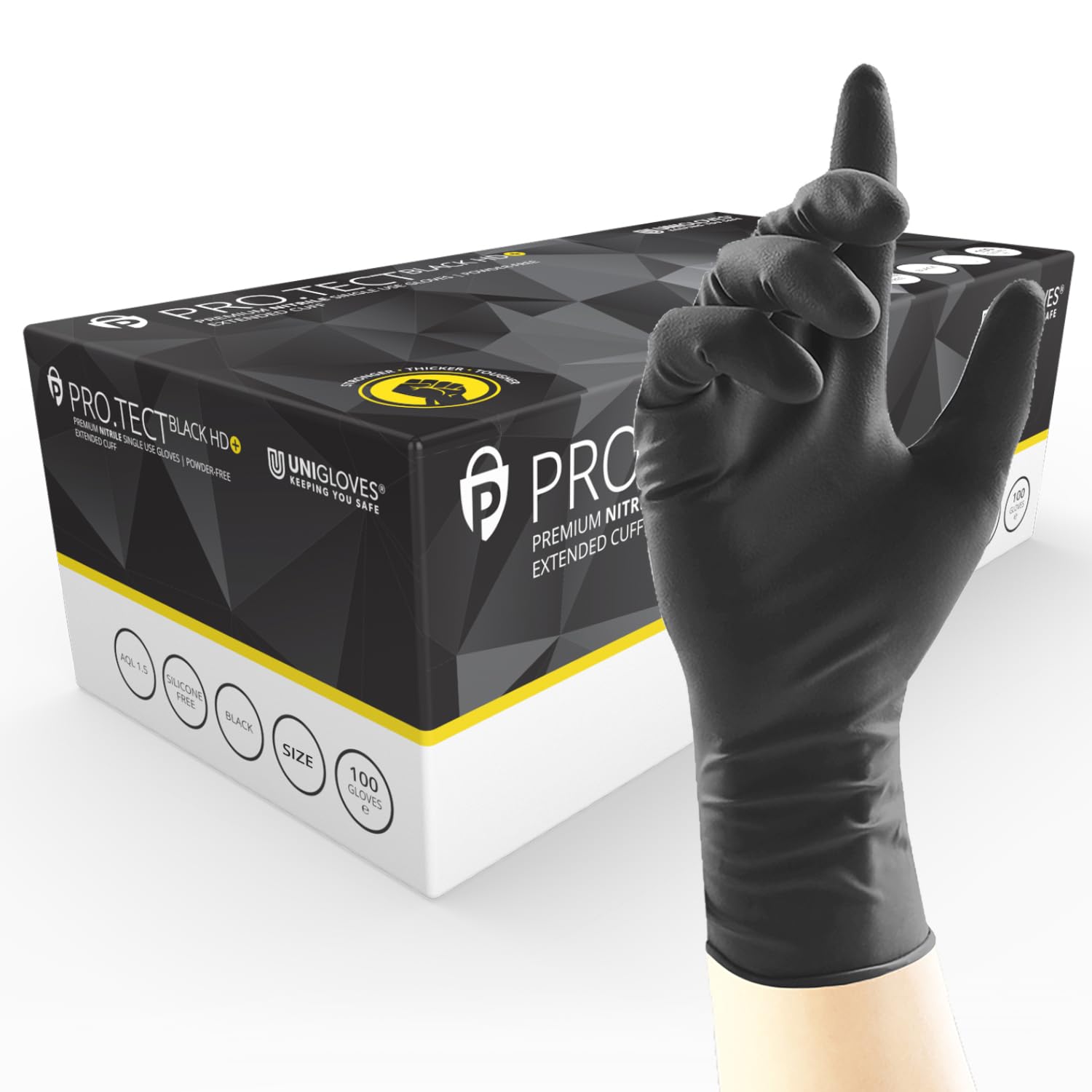 UNIGLOVES PRO.TECT Black HD+ Nitrile Extended Cuff Disposable Gloves, Ultra Heavy Duty, Single Use, Multipurpose, Powder Free