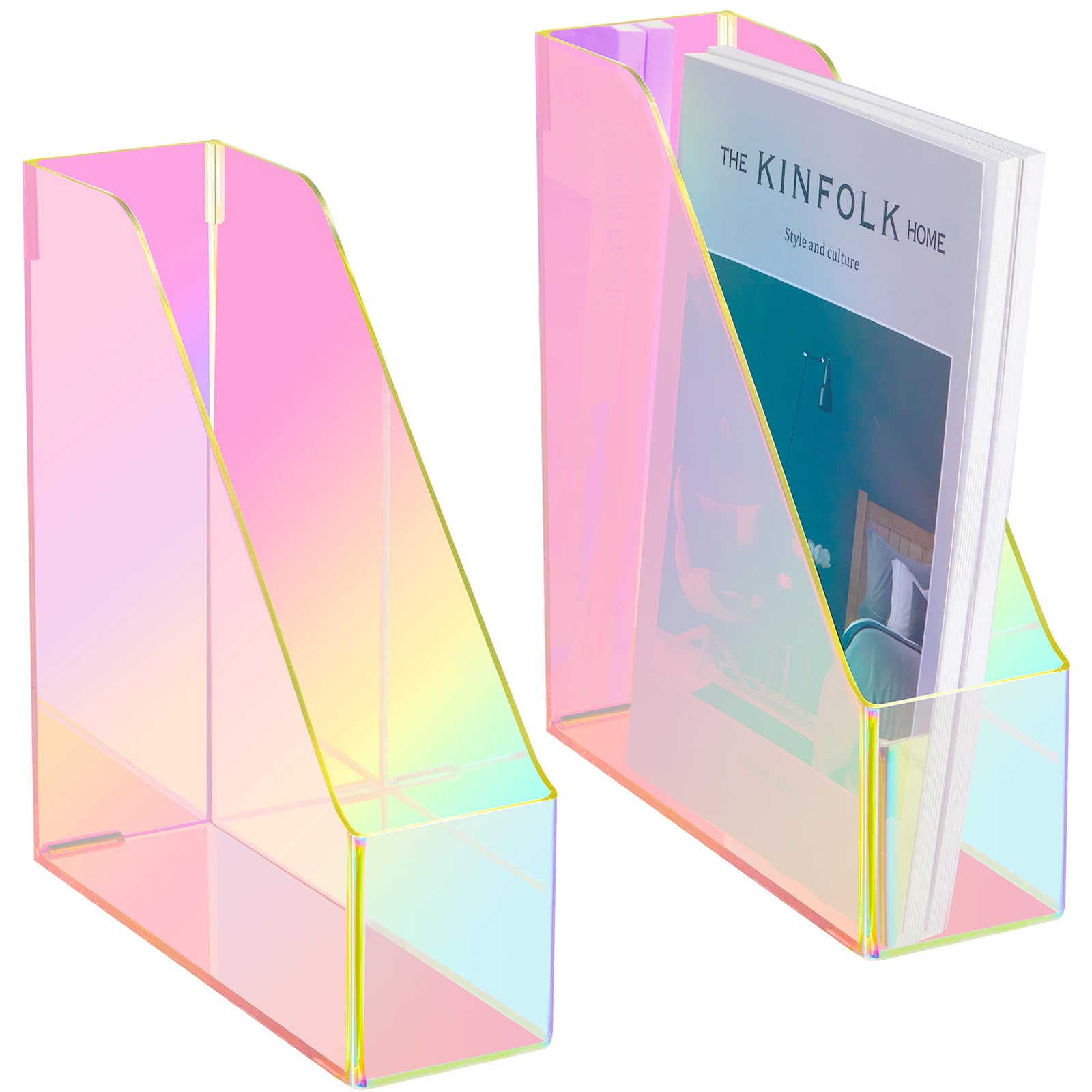 Engrowtic 2 Pcs Iridescent Vertical Magazine File Holder Acrylic Magazine Holder Storage Magazine Organizer Plastic Clear Acrylic Magazine Rack for Office Classroom Home Document Paper Book Collection