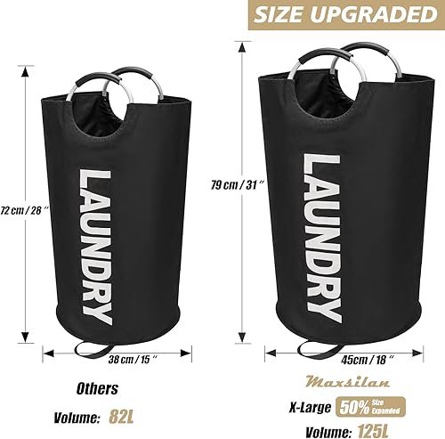 Miniatura 3 de Cesta de lavandería extragrande de 125 L, cesta de ropa alta independiente, bolsa de lavandería plegable, impermeable, con asas de aluminio