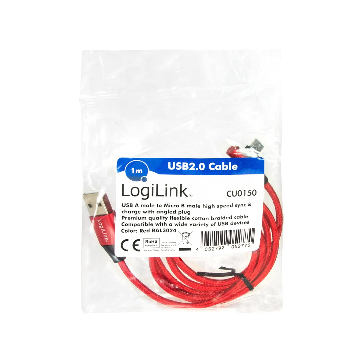 LogiLink USB 2.0 Cable packaging showing model number CU0150, length 1m, and UPC 4052792052770
