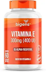 Vitamina E 300mg (400 UI), DL-Alpha-Tocoferol, Rico em Vitamina E, Antioxidante Importado, Unidade 60 Cápsulas Softgel, Bigens (Unidade)