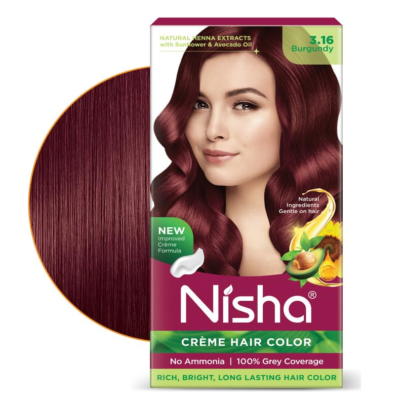 Image of Nisha Creme Hair Color Cream Burgundy 3.16, 120g, Long Lasting Hair Dye for Grey Coverage, Rich Color, Smooth Finish, For Men & Women, Pack of 1
