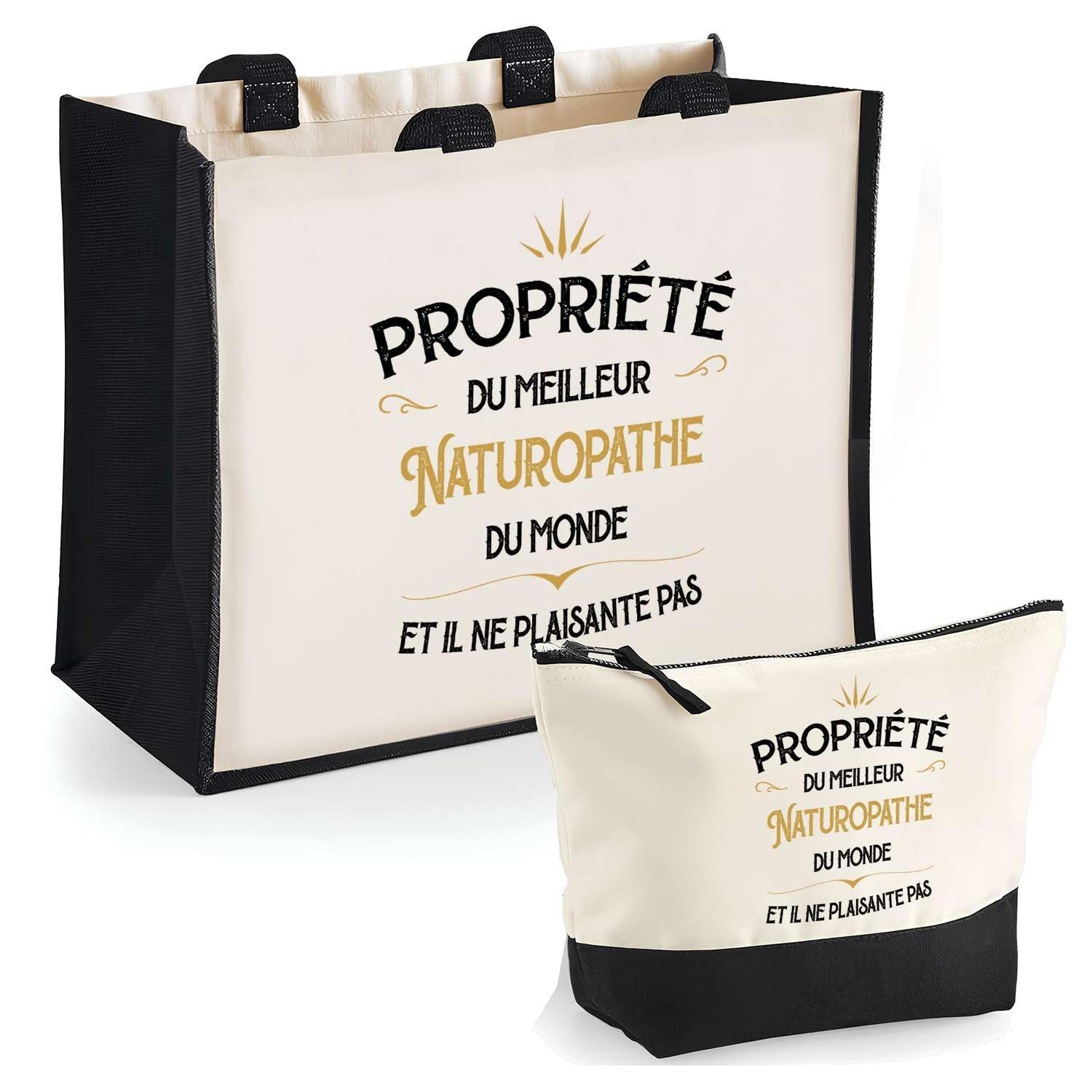 Duo Cabas Jute et Trousse Noire Propriété du Meilleur Naturopathe Cadeau collègue Homme Humour Retraite Secret Santa | Sac Shopping Courses et Pochette