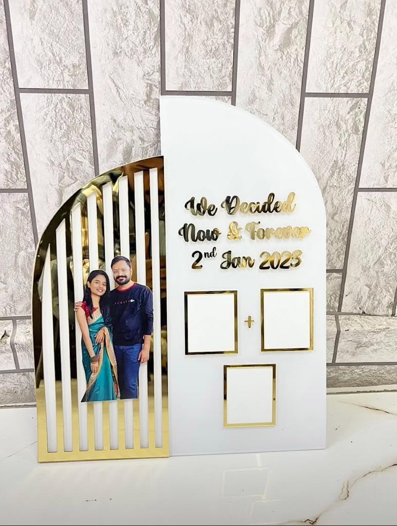 KLASSIE STORES| Save The Date : Personalised Couple Thumb Impression Acrylic Tile| Best for Marriage, Engagement, Anniversary Finger Print Gift with Photo & Text | Golden Metal Design (12*12 Inches)