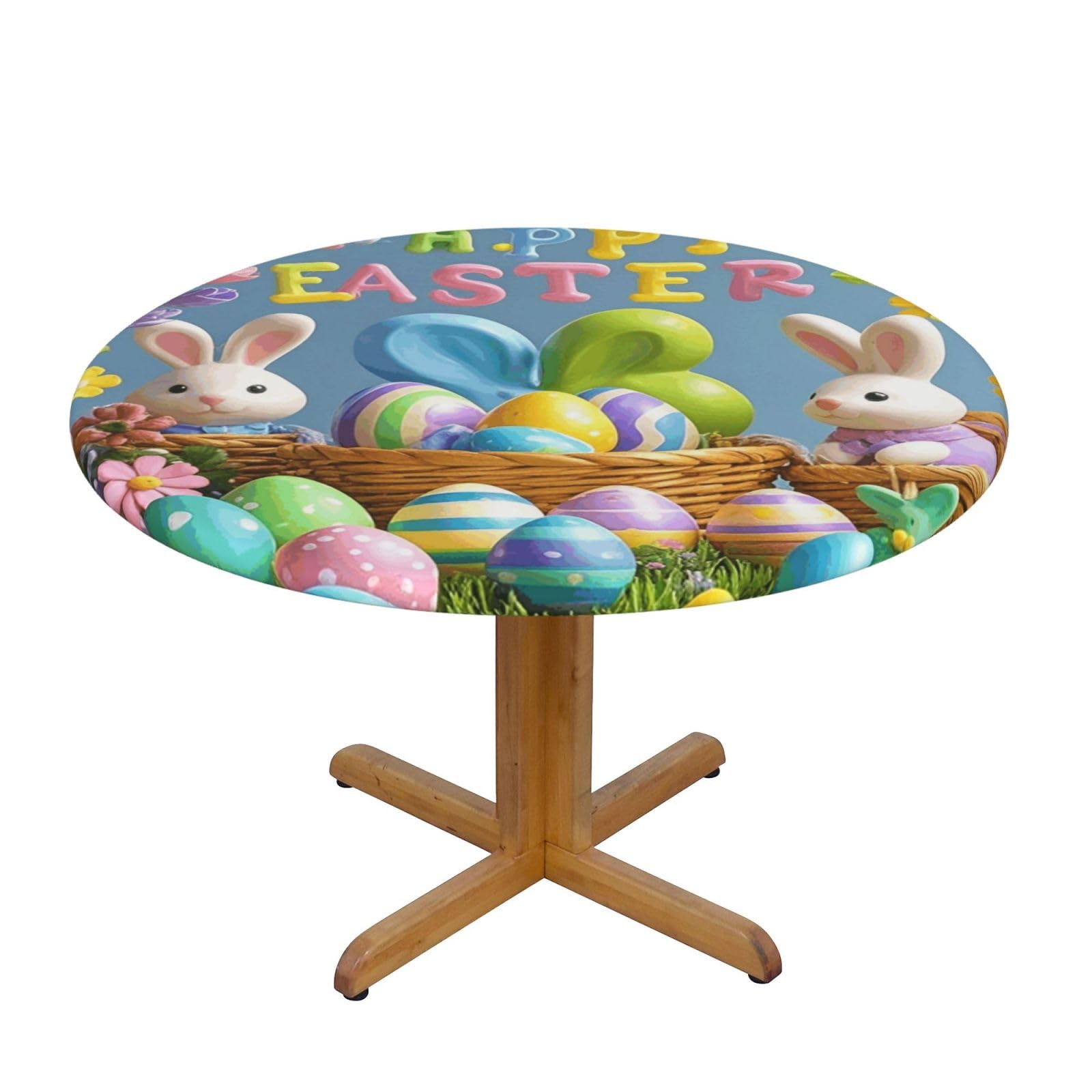 BTCOWZRV Happy Easter Round Spandex Tablecloth 47 Inch, Elastic Fitted Waterproof Tablecloths Stretch Washable Picnic Table Cover for Camping, Dining, Indoor and Outdoor