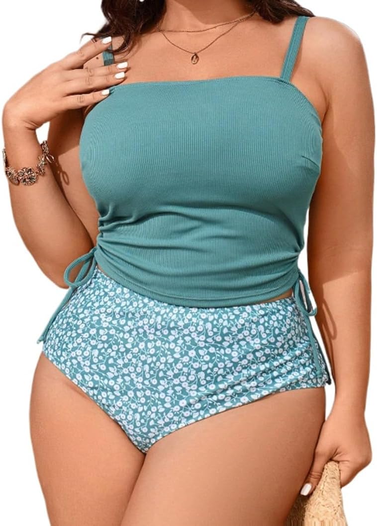 Women Two Piece Swimsuit 4XL Ribbed Teal Tank Top Ruched Side Bikini Plus Size High Waist Floral Print Bottom Swimwear