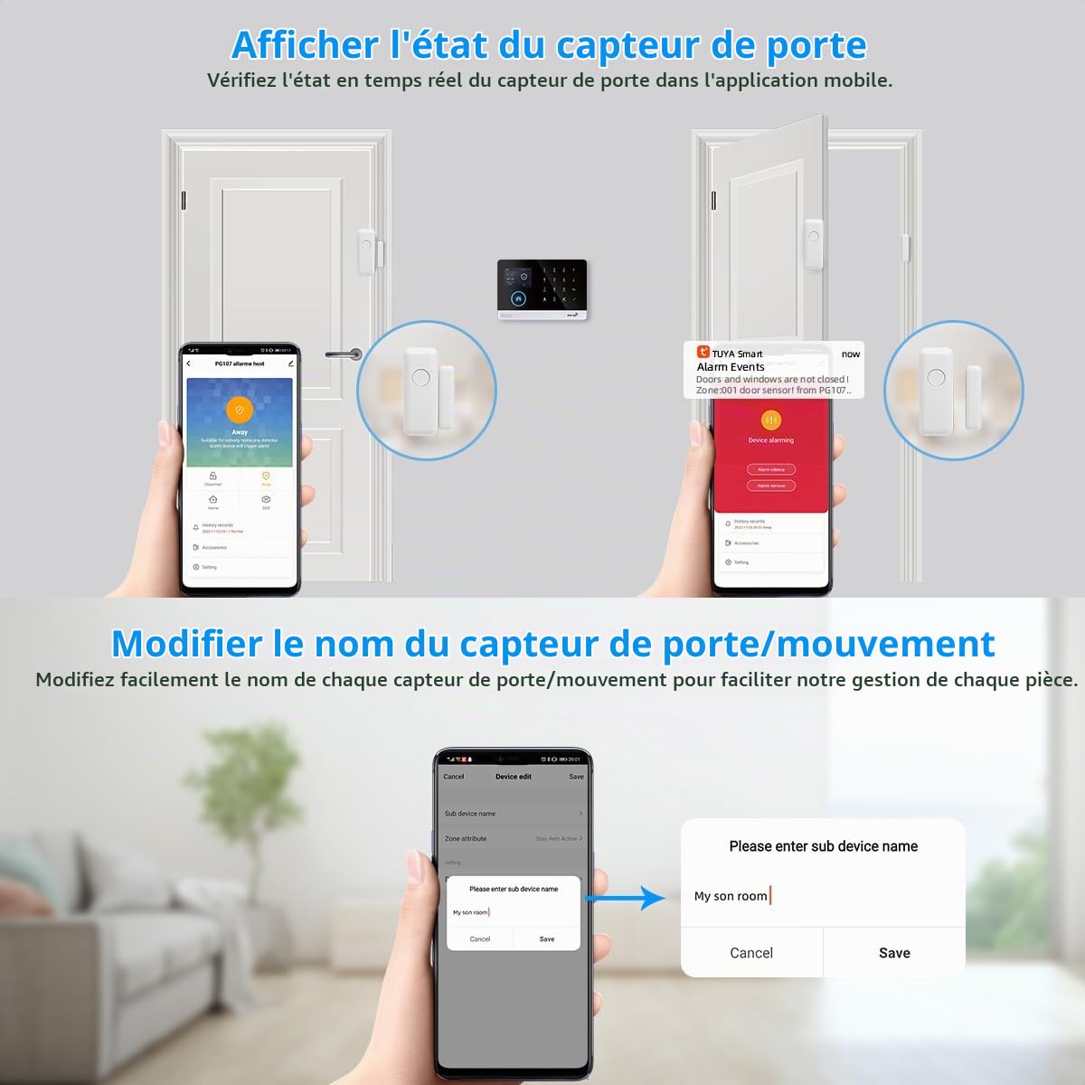 LWOHSI Système d'alarme de sécurité Domestique sans Fil avec détecteur de Mouvement, Notifications d'application, capteur de Porte/fenêtre, sirène, Compatible Alexa, Pas de Frais mensuels