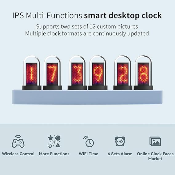 Nixie Clock IPS Clock, Display time/Set Alarm, Upload Pictures, Support Mobile Phone/Computer Control, Multiple dial Styles, Multiple Display Modes, can be Used for Gifts (Blue)