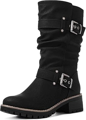 GLOBALWIN Chunky Mid Calf Fashion Dressy Motocycle Biker Military Style Combat Boots for Women Low Heel