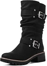 GLOBALWIN Chunky Mid Calf Fashion Dressy Motocycle Biker Military Style Combat Boots for Women Low Heel