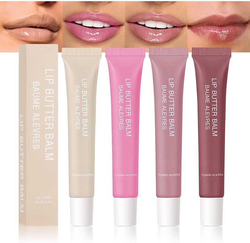HHLTOH Bálsamo labial com manteiga de karité e óleo de oliva, acabamento tonalizado e brilhante, Conjunto com 4 unidades, Set 04