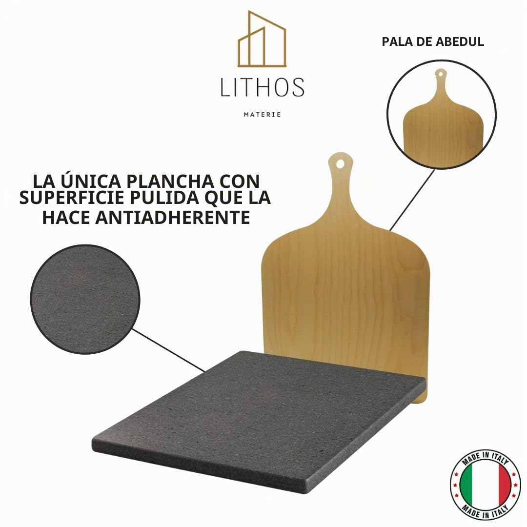 Kit de piedra antiadherente volcánica ollar Etna para pizza 39 x 35 x 2 + pala para horno eléctrico a gas y barbacoa para carne, pescado y verduras refractaria