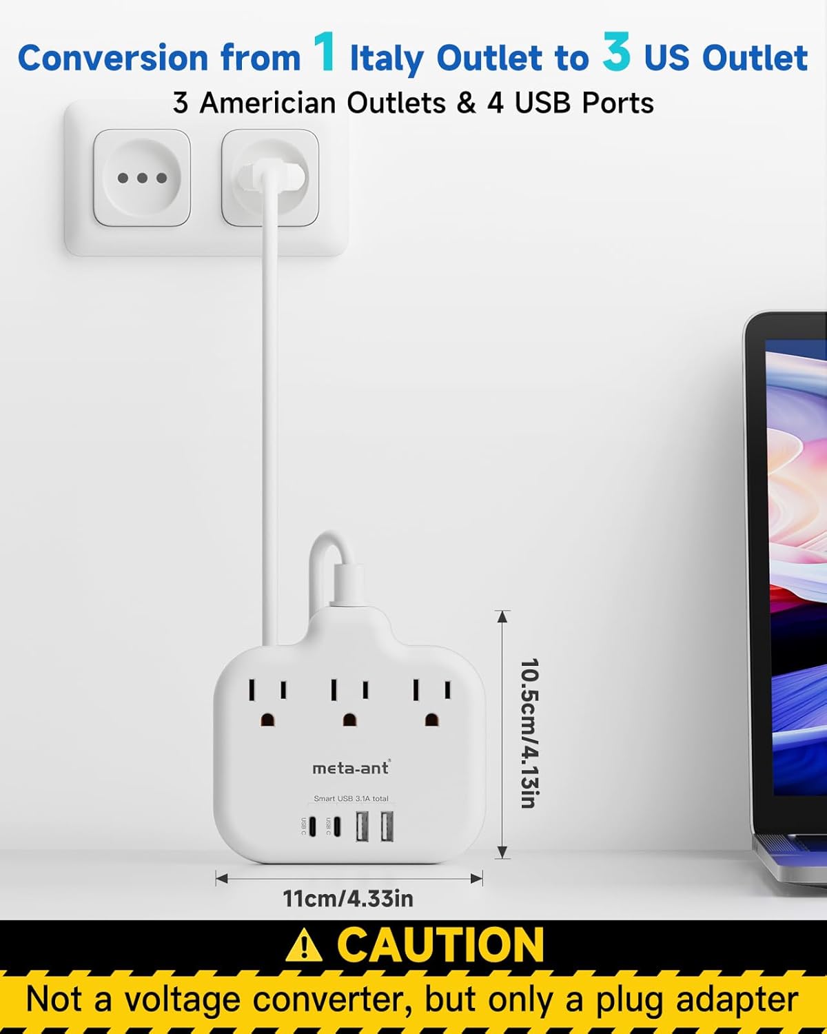 Italy Travel Plug Adapter with 5FT Extension Cord, meta-ant Italy Power Adapter with 3 American Outlets 4 USB Ports(2 USB-C), Type L Adapter for US to Italy Chile Ethiopia Libya Syria Tunisia Uruguay - Image 4
