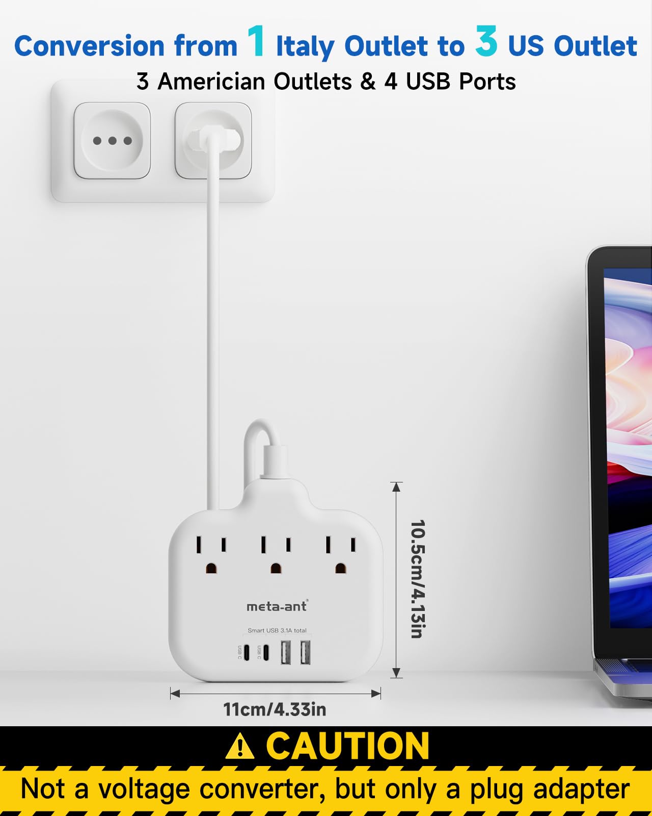 meta-ant Adattatore da viaggio Italia con 3 prese USA, 4 porte USB (2 USB-C)