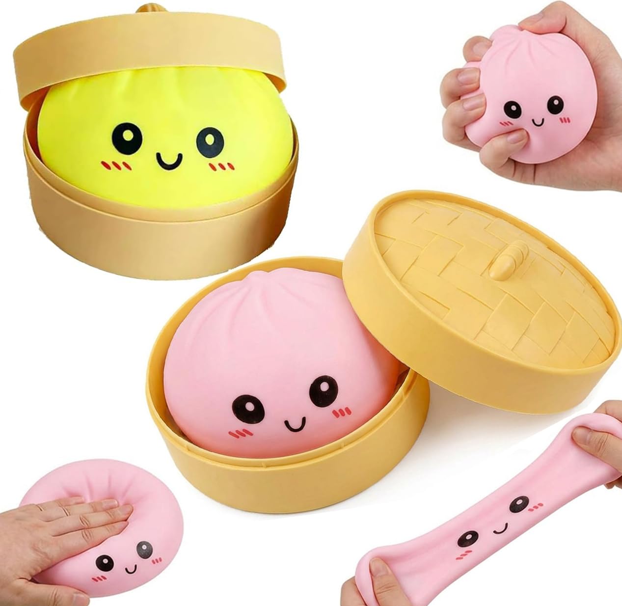 2PCS 10CM Dumpling Stress Toy Giant Dumpling Squishy Toy with Steamer Box Soft Squeeze Decompression Dough Fidget Toys for Relaxation Boys Girls Home Office Classroom Colour Pink&Green