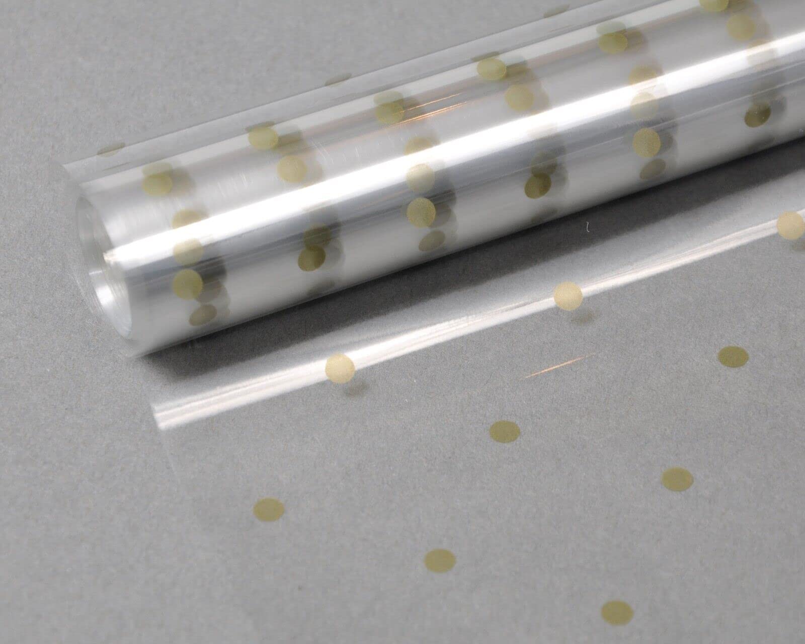 Cellophane Wrap Hamper Florist Film - 800mm Wide x 10m Long - 1 Roll - Gold Dot | Wrapping Paper & Gift Wrap for Bouquets, Baskets & Hampers – Supplied On a Roll With No Cardboard Core — image 1