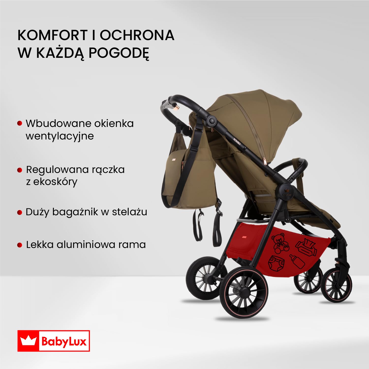 Lekki Wózek Spacerowy BabyLux ROMBO, Składany z Amortyzacją, Kolor: Olive