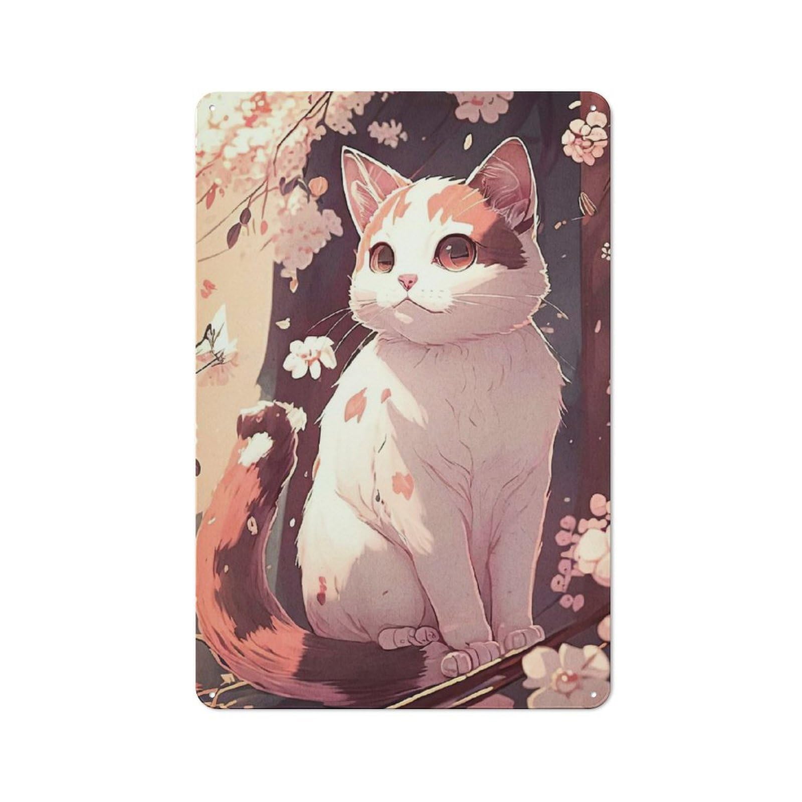 Junmoney Cat Cherry Blossoms Understated Office Metal Sign 30X20cm Featuring Study Room Decor For Home Office, Reading Corner Or Bedroom
