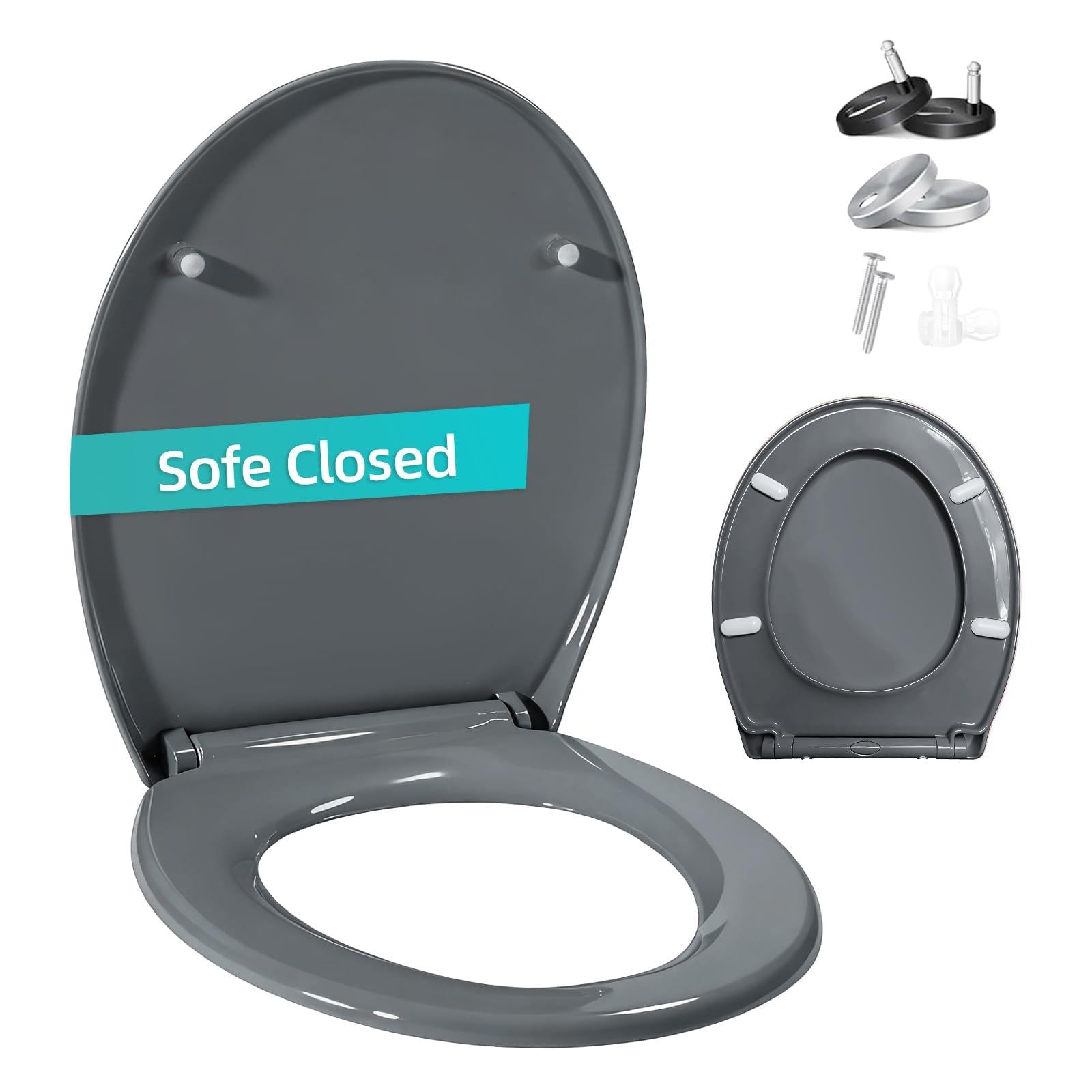 Shgjutop Toilet Seat Soft Close, Oval Soft Close Toilet Seat with Adjustable Hinges, Universal Quick Release Toilet Seats Lid in Sturdy Anti-Bacterial Premium PP Material, Grey
