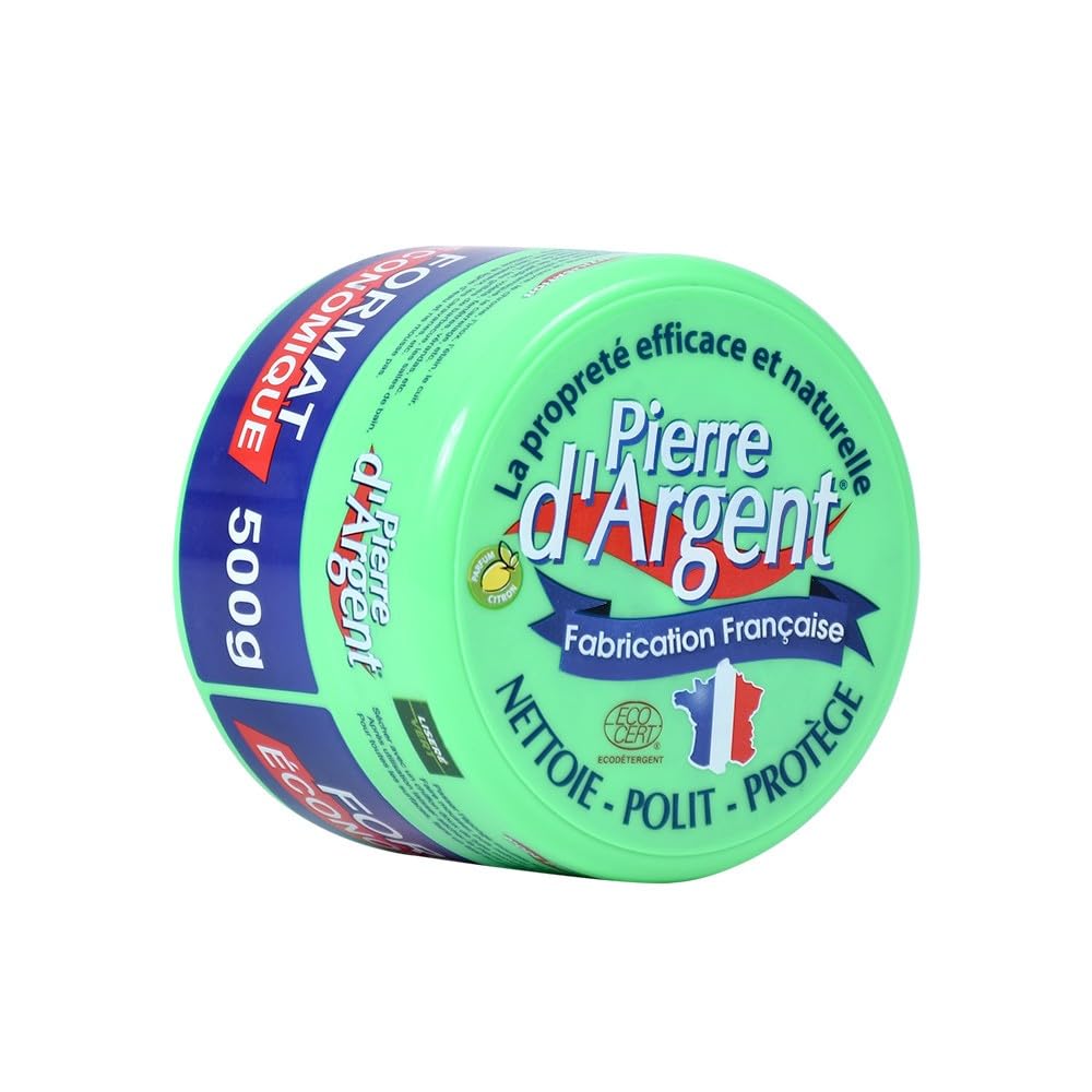 LISERÉ VERT - Pierre d'Argent format 500 g, parfum citron, nettoyant ménager multi-​usage, éponge incluse, fabriqué en France, certifié ECOCERT
