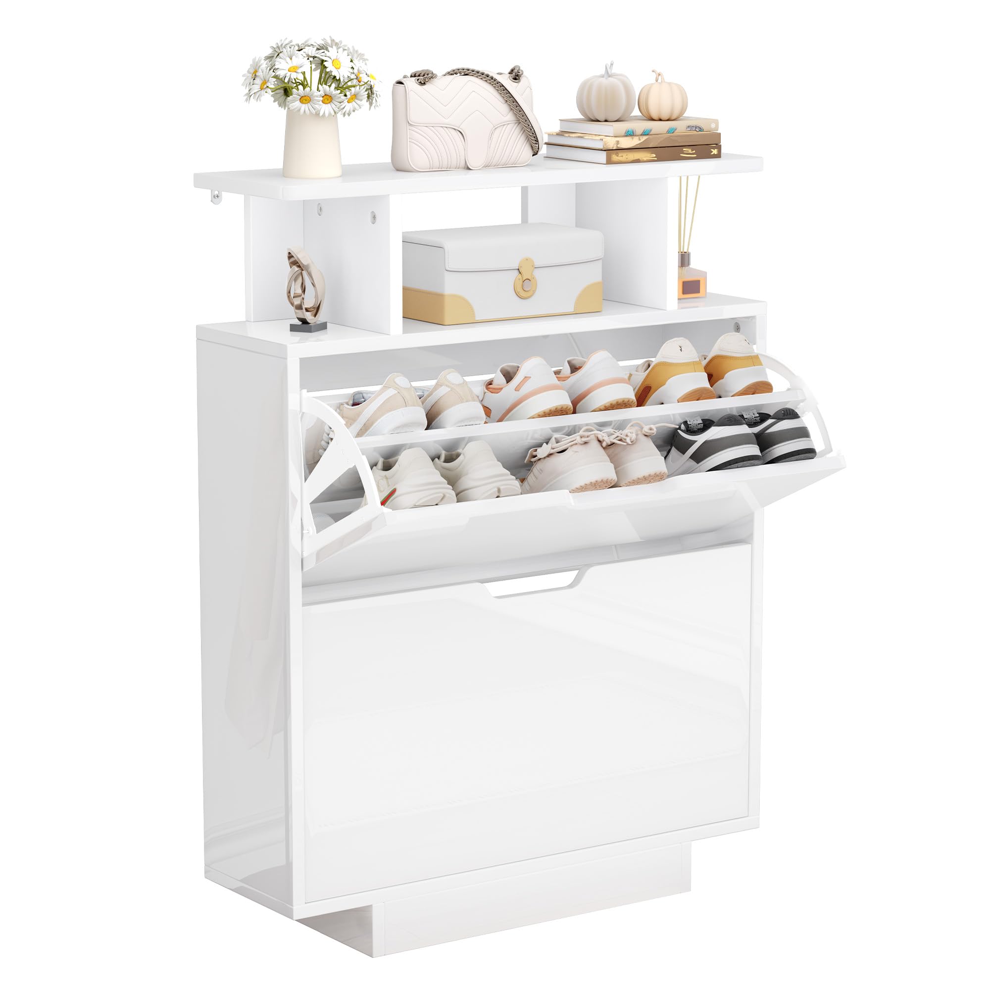 YITAHOME Slim Shoe Cabinet, 2 Flip Drawers, High Gloss, 80x24x106cm, White