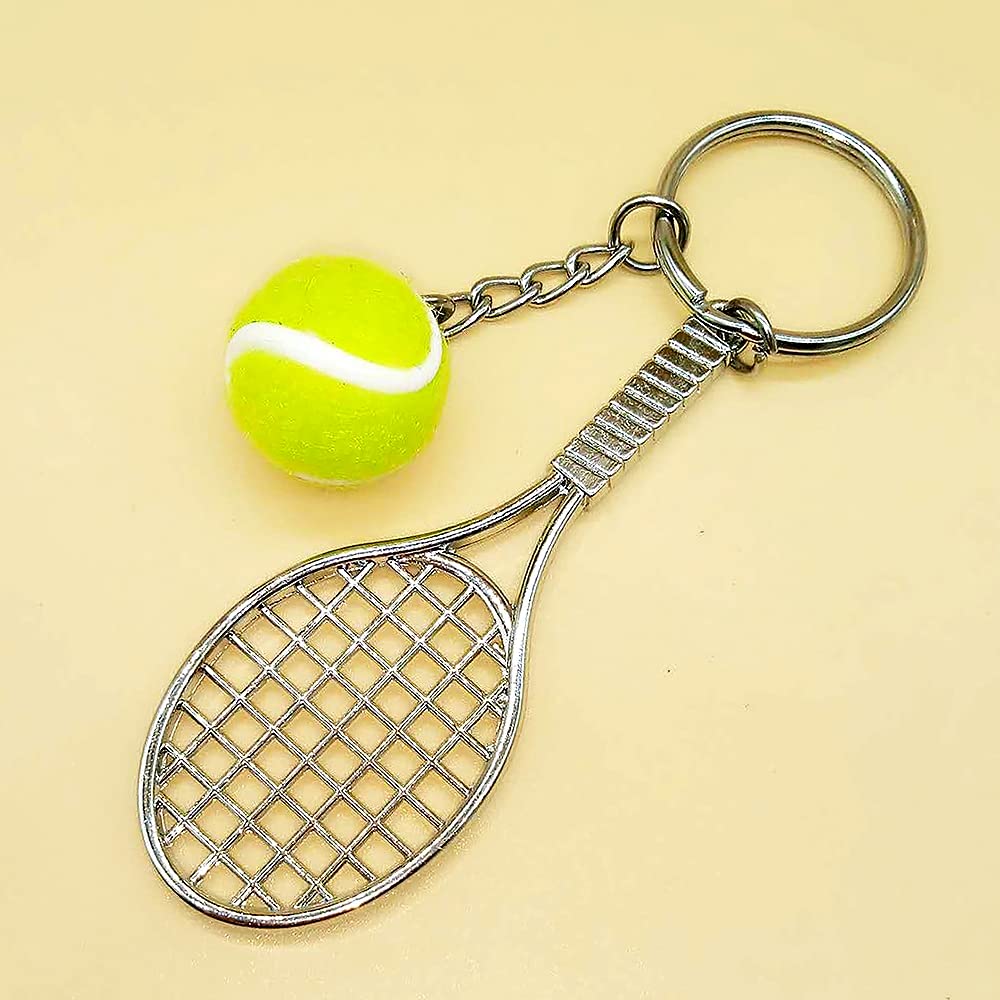 ELISE & FONDA Z55-B Tennis Racket and Ball Charms Pendants Keychain Key Ring (1 Set)
