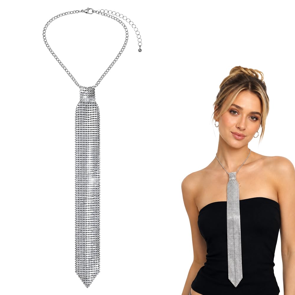 lunictto Silver Rhinestone Tie Necklace for Women, Adjustable