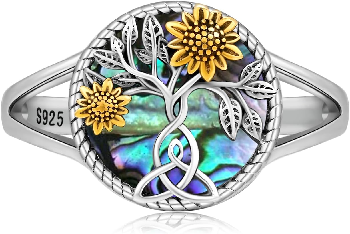 Sunflower Ring for Women 925 Sterling Silver Tree of Life Ring Sunflower Flower Jewelry Gifts for Mom