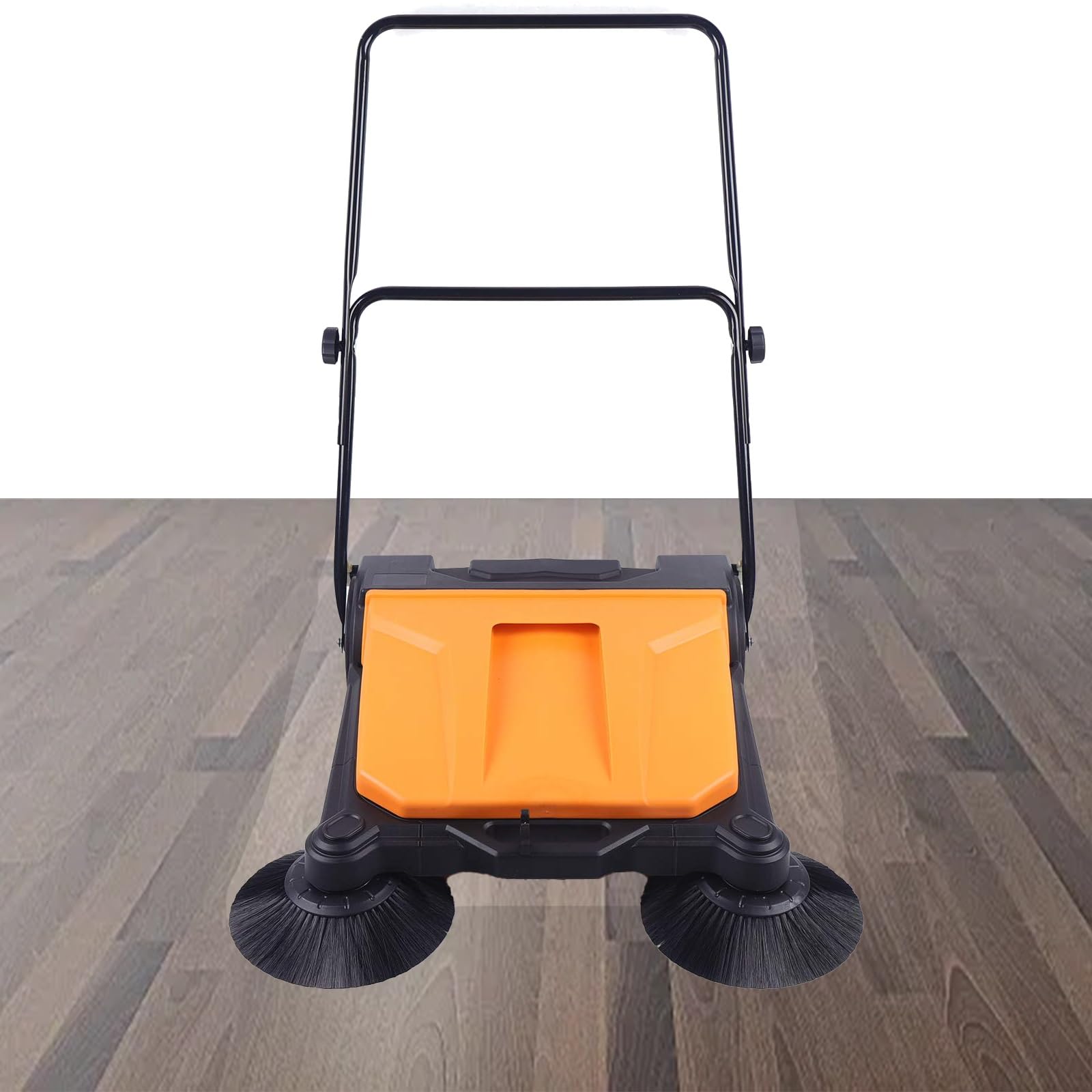 Barredora comercial de pisos, máquina de limpieza manual con caja de polvo de 15 L, ancho de barrido de 26.8 pulgadas, diseño plegable para pasillos, patios, garajes y aeropuertos
