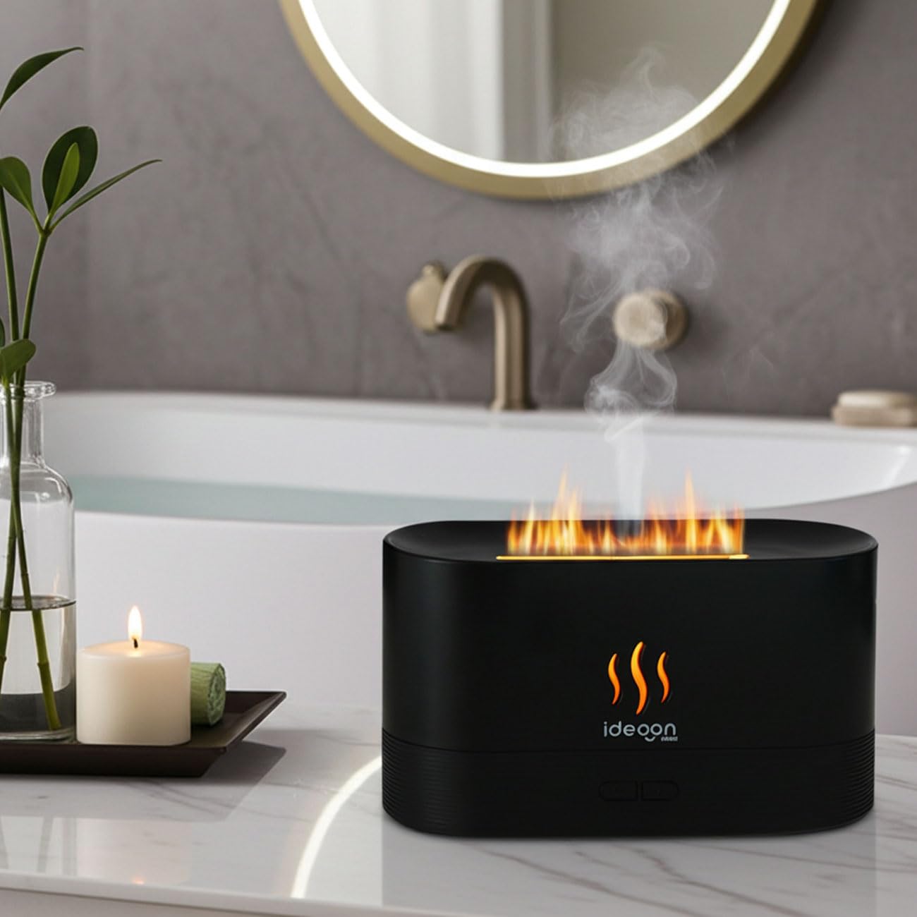 ideoon 2er-Set Stilvoller Aroma Diffuser mit Flammeneffekt – Ultraleiser Ultraschall Duftbefeuchter, USB, Auto-Stop, 10h Laufzeit für Schlafzimmer & Büro