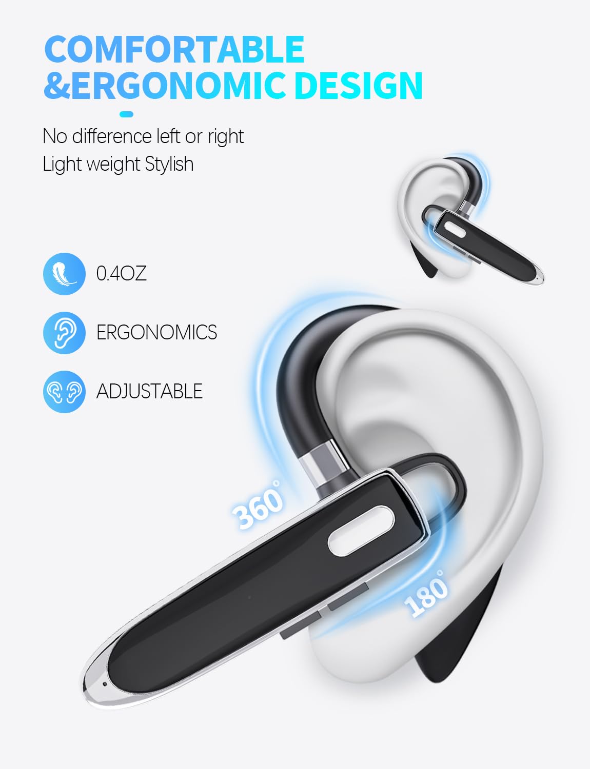 Oreillette Bluetooth à une oreille avec Bluetooth 6.1, casque Bluetooth pour 100 heures de veille, batterie 800 mAh, casque sans fil avec micro, casque Bluetooth pour conduite, travail, camionneur