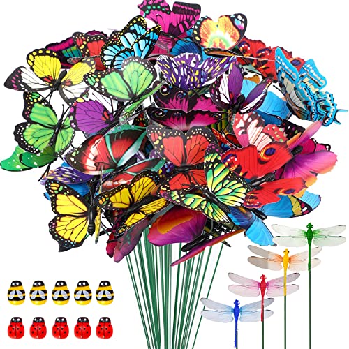 Juego de Mariposas de jardín, PVC, Resistente al Agua, decoración de jardín, Mariposas, libélulas de jardín, Mariquitas de Abeja, Adornos para el jardín, Mariposas para Exteriores (64 Unidades) Cover