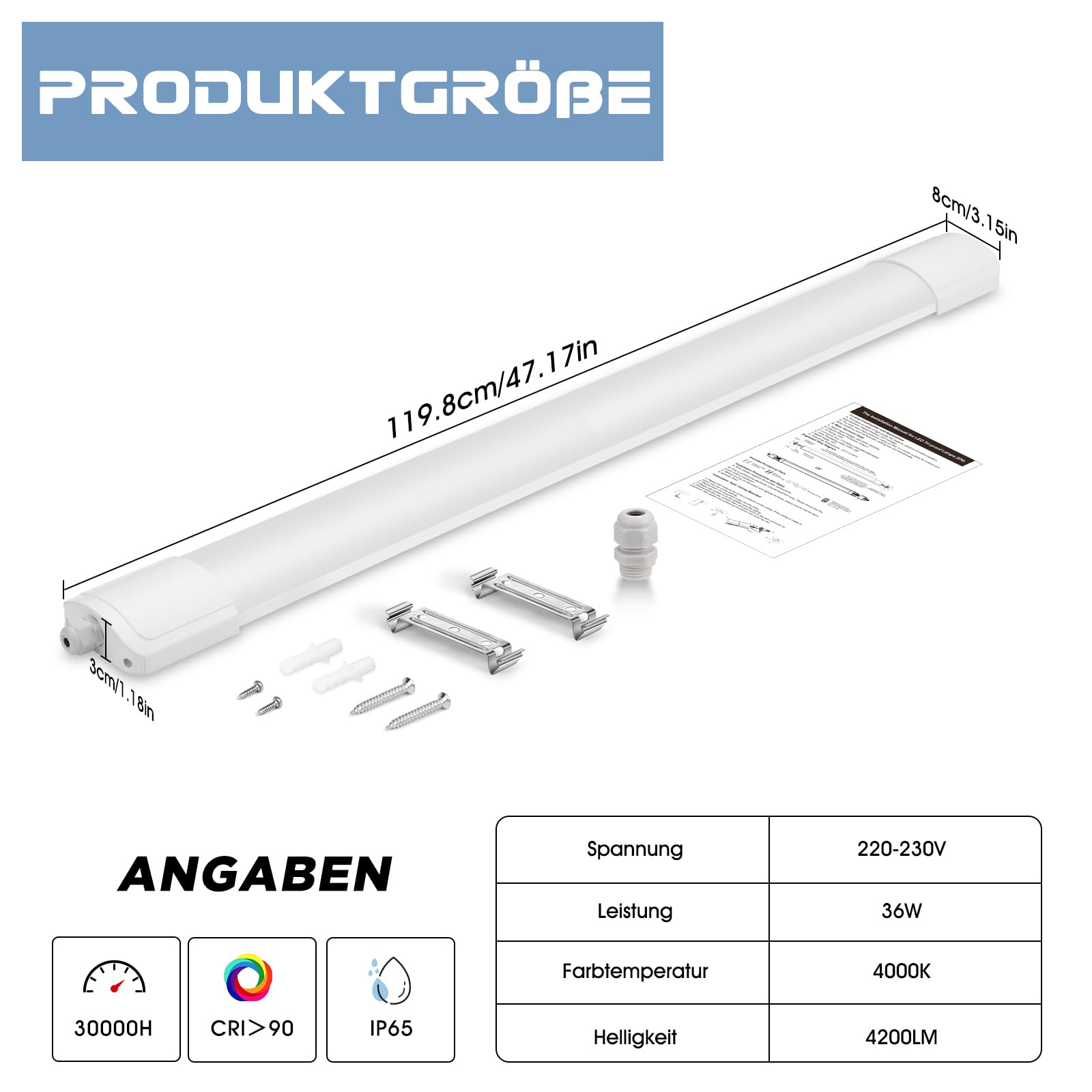 Feuchtraumleuchte LED 120CM, 36W 4200LM Kellerlampe LED Röhre mit IP65 Wasserfest Lichtleiste, Deckenleuchte Flach für Büro Küche Keller Garage Lager Flur