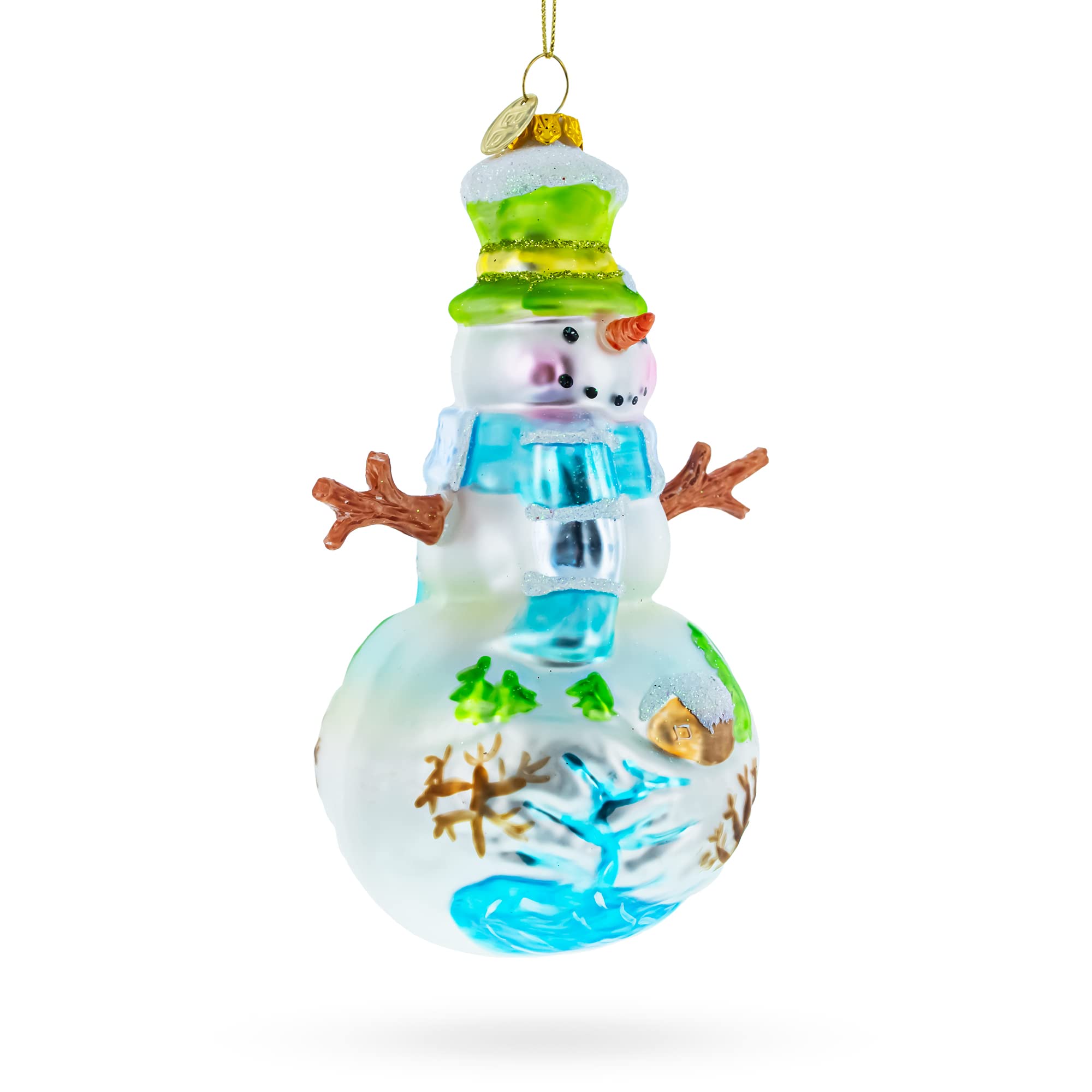 Muñeco de nieve encantador con pintura de pueblo de invierno - Adorno de cristal soplado de Navidad