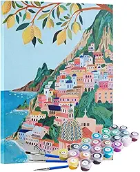 Kit Pintura Terapêutica Numerada -Costa Malfitana, Tela 40x50cm, com Tintas Acrílicas e Pincéis, Arte Decorativa