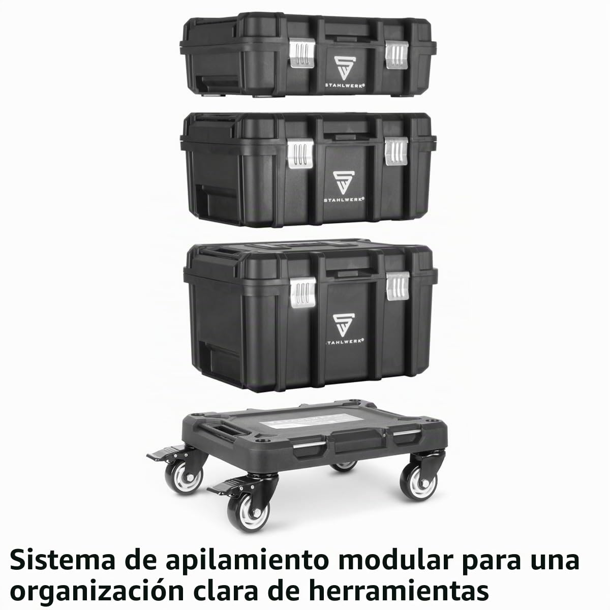 STAHLWERK Carro de herramientas con tres cajas: maletín de herramientas portátil con tabla de ruedas, cierres de metal y gran espacio de almacenamiento, sistema de almacenamiento flexible para taller