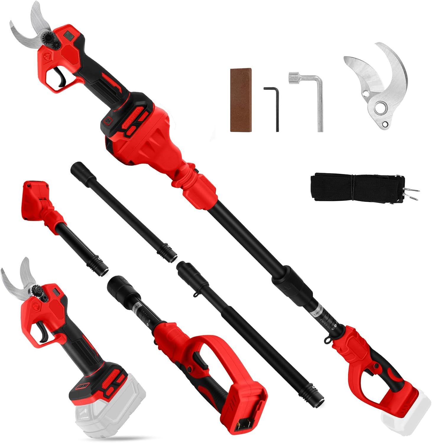 Cordless Pruning Shears Compatible with Milwaukee 18V, Electric Pruning Shears with Extension Pole up to 4.57m Range, LCD Display 30 mm Battery Pruning Shears & Loppers for Garden (No Battery)