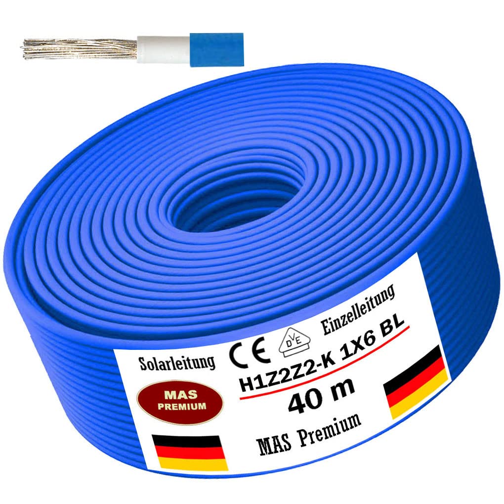 Solarleitung H1Z2Z2-K 4, 6, oder 10 mm² Von 5 bis 200m Solarkabel Schwarz, Rot oder Blau Erdverlegbare Einzelleitung Photovoltaik Halogenfrei Doppelt isoliert (H1Z2Z2-K 6, Blau, 40m)