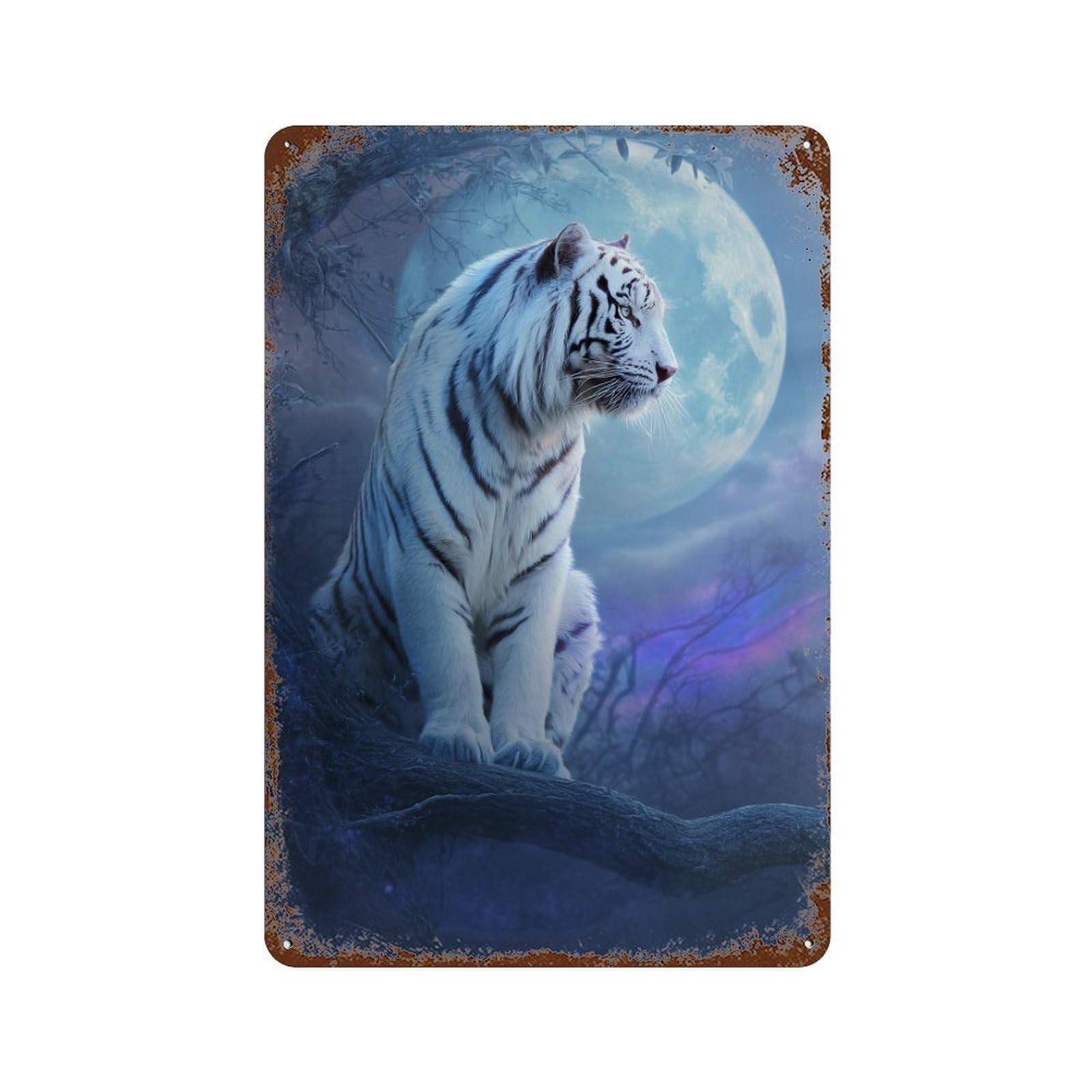 Garage Style White Tiger Moonlit Night Distressed Metal Wall Sign 11.8"x7.9", Retro Wall Decor for Bar And Workshop